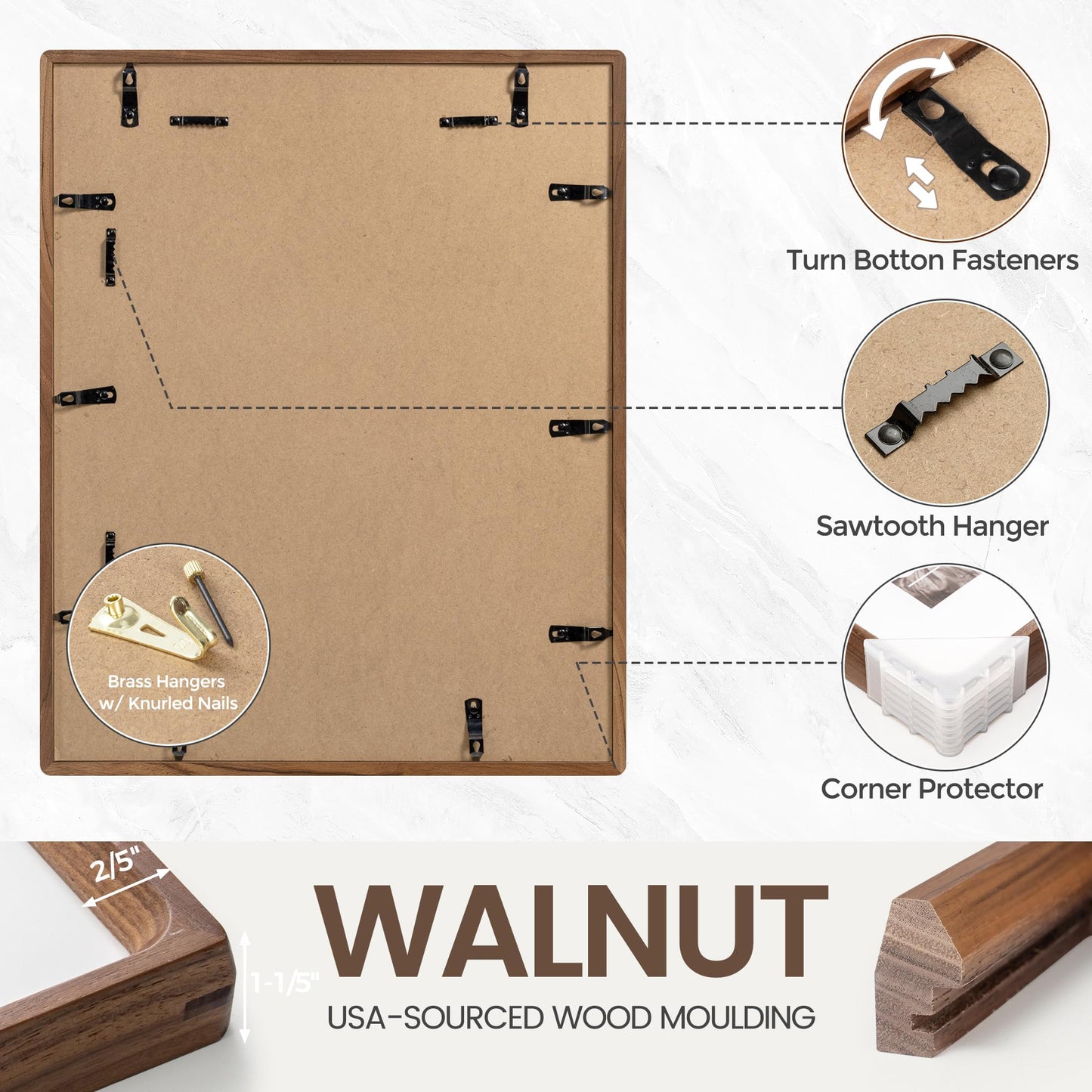 11x14 Picture Frame, USA-Sourced Natural Walnut Wood Photo Frame with Tempered Glass, Handcrafted Rounded Corner 11 x 14 Wooden Frame Matted to 8x10 Photos, Wall or Tabletop Display