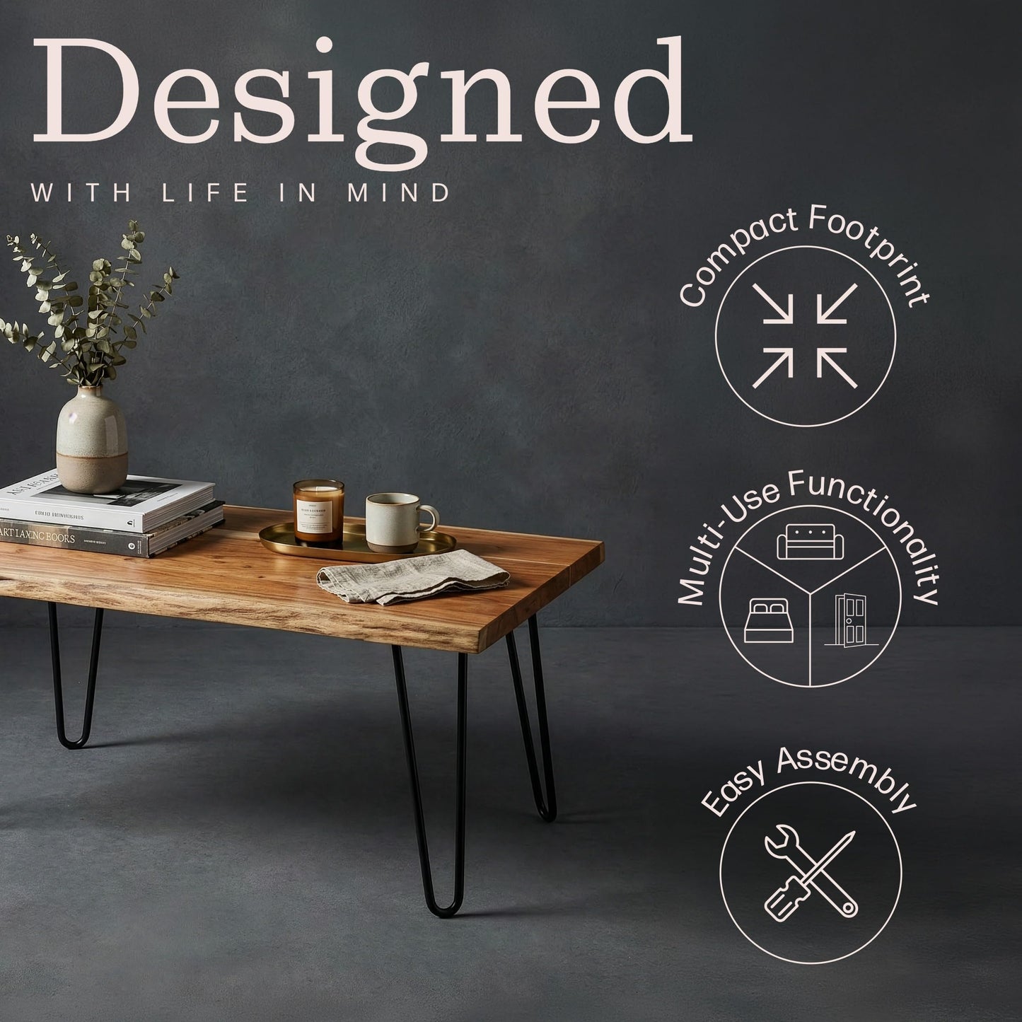 Alaterre Furniture 48-Inch Live Edge Coffee Table with Hairpin Metal Legs – Rustic Modern Farmhouse Solid Acacia Wood Living Room Table in Natural Finish