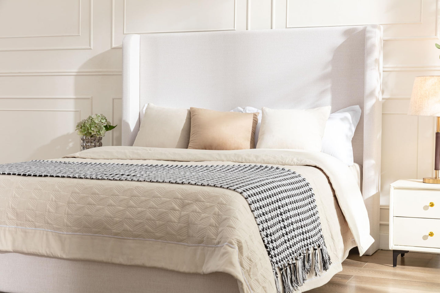 GDFStudio Tall Headboard Upholstered Bed,Queen Size Platform Bed Frame with Chenille Wingback Headboard, Without Wooden Slats,Box Spring Required,Easy Assembly,Elegant Simplicity 54" High Ivory
