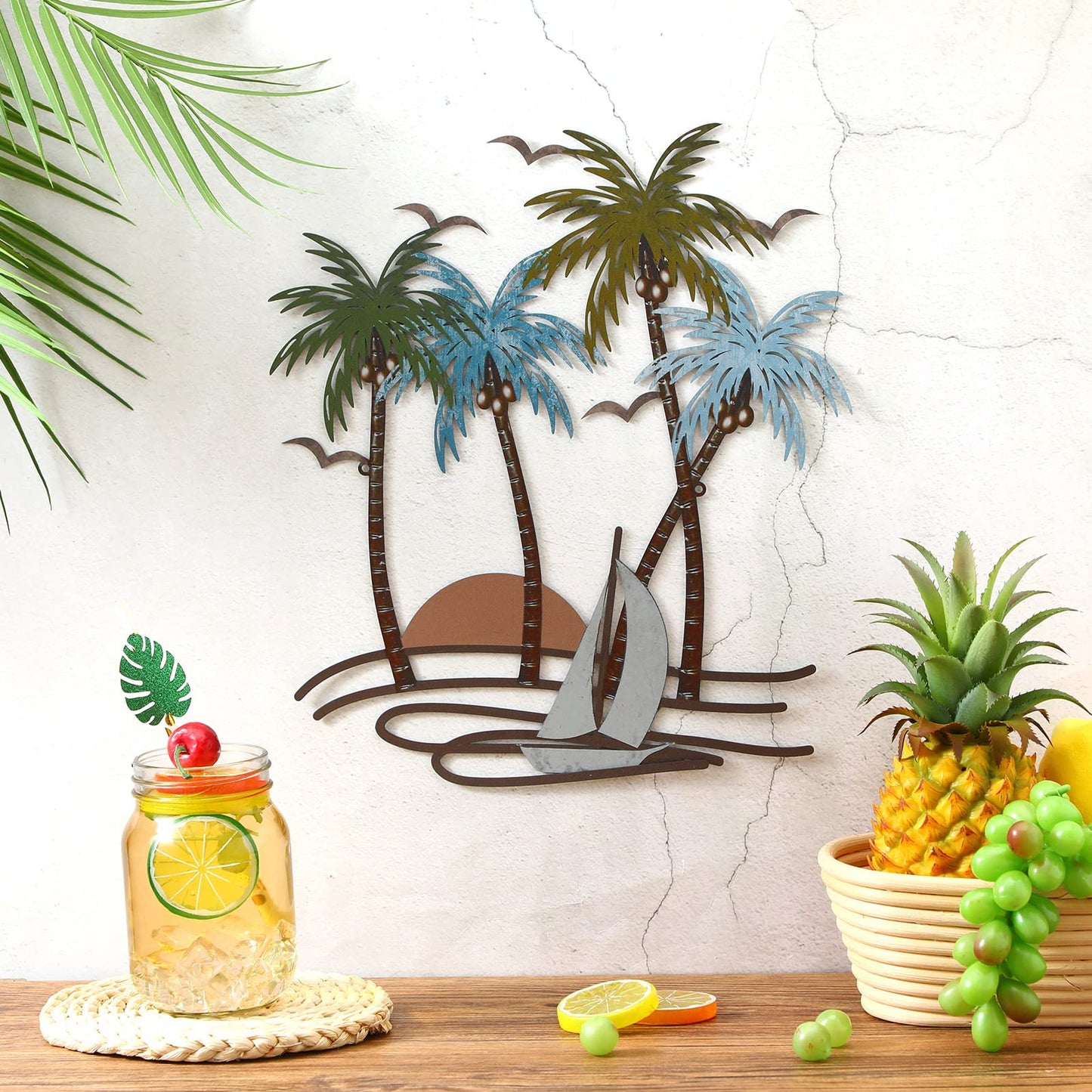 Shimeyao Coastal Metal Wall Art Palm Tree Metal Wall Art Outdoor Beach Bathroom Decor Tropical Tree Sculptures for Indoor Outdoor Decor(Sailboat)