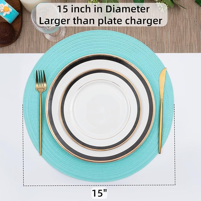 SHACOS Round Placemats Set of 4 Washable 15 inch Round Table Mats Cotton Polyester Woven Braided Place Mats for Dining Table Wedding Party Decor (Aqua, 4)