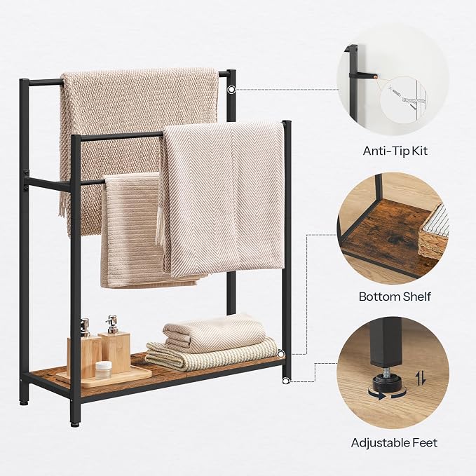 HOOBRO Extra Large Free Standing Towel Rack, 3 Tier Blanket Rack, Blanket Holder for Bathroom, 32.3" L x 11.4" W x 39.4" H, for Living Room, Bedroom, Rustic Brown and Black BF30LB01
