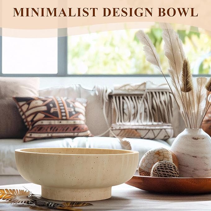 YMXYJM Large Decorative Bowl, Fruit Bowl for Kitchen Counter, Modern Resin Bowl for Home Decor, Key Holder for Entry Table, Artificial Travertine Beige