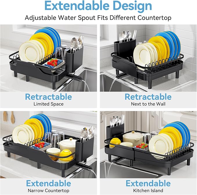 Urackify Expandable Dish Rack for Kitchen Counter,16.14"-23.62" Large Dish Drying Rack with Adjustable Water Spout, Space Saving Dish Drainer with Auto Draining Cutlery Holder, Matte Black
