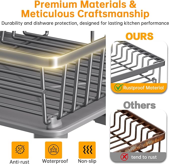 2 Tier Dish Drying Rack, Large Dish Racks for Kitchen Counter with Drying Mat, Detachable Dish Drainer Organizer, Rust-Resistant Space-Saving Dish Rack with Drainboard and Utensil Holder,Gray
