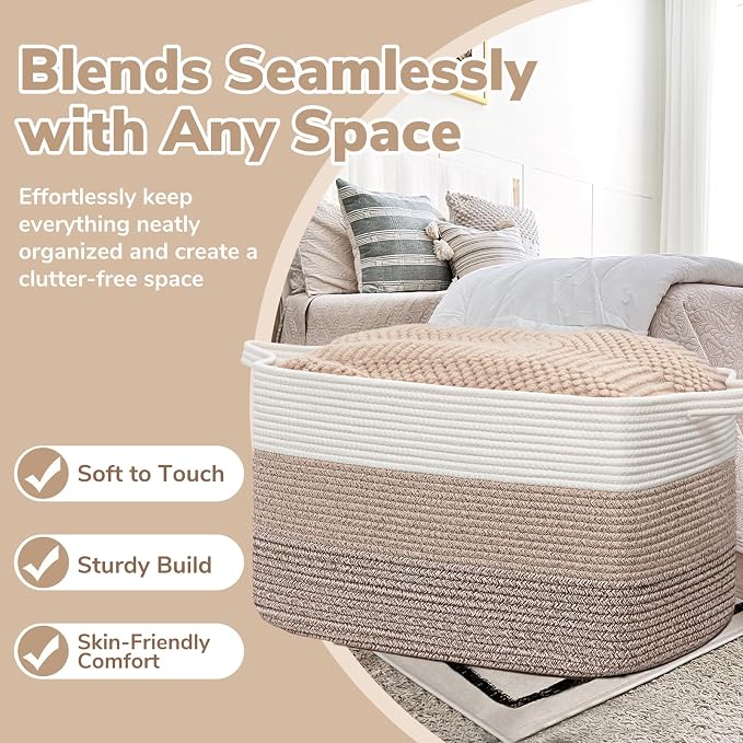 Goodpick 105L Woven Blanket Basket 25" x 16" x 16" Cotton Rope Storage Bins for Dirty Clothes, Extra Large Gift Basket for Living Room Home Decor, Toy Storage Baskets for Kids, Gradient Brown