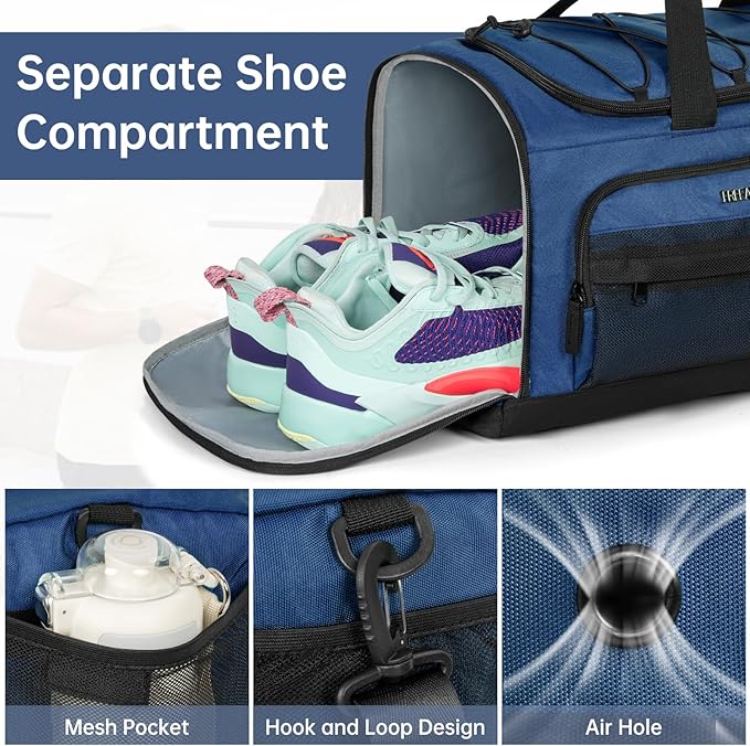 Gym Bag for Women & Men, Sports Travel Duffle Bag with Shoe Compartment, Anti-Theft Carry On Weekender Bag, Water Resistant Overnight Backpack for Airplane, Gym, Travel (Blue Black)