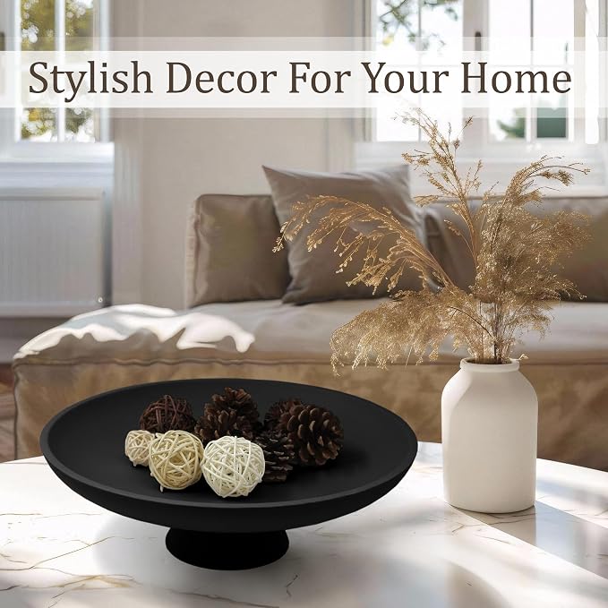 LIN CHUAN Large Decorative Bowl, Modern Resin Pedestal Bowl for Home Decor, Stylish Fruit Bowl for Kitchen Counter, Chic Key Holder for Entry Table, Matte Black