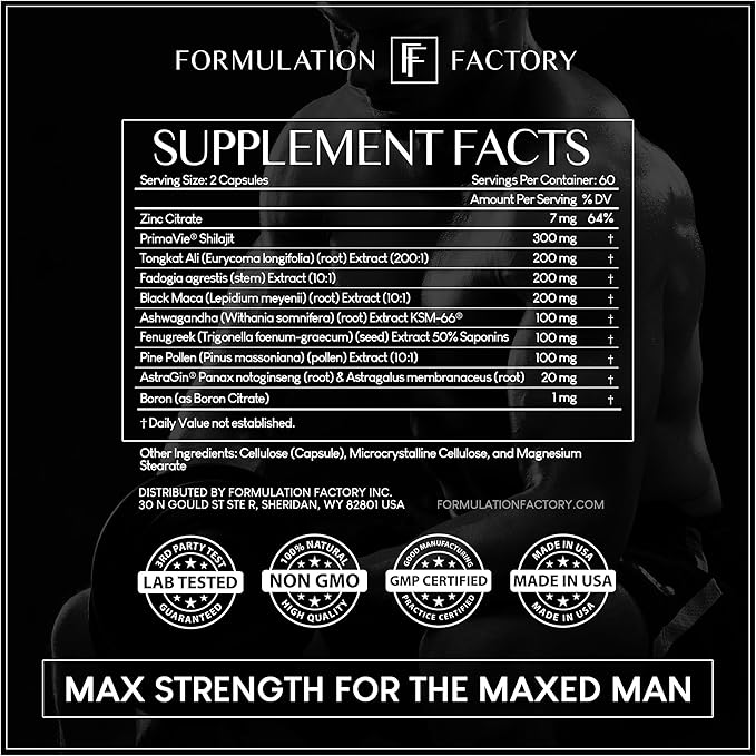 Self Obsessed MAXXED: 10-in-1 Men's Vitality Formula with Shilajit, Tongkat, Ashwagandha, Maca, Fadogia, Fenugreek, Pine Pollen, Zinc, Boron & AstraGin® - 120 Capsules ??2-Month Supply (1 Pack)