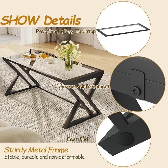 Wolawu Coffee Table Black Glass Coffee Table for Living Room,Modern Rectangular Center Table with Sturdy Metal Frame,Tempered Glass Table Tea Tables for Bedroom Home Office