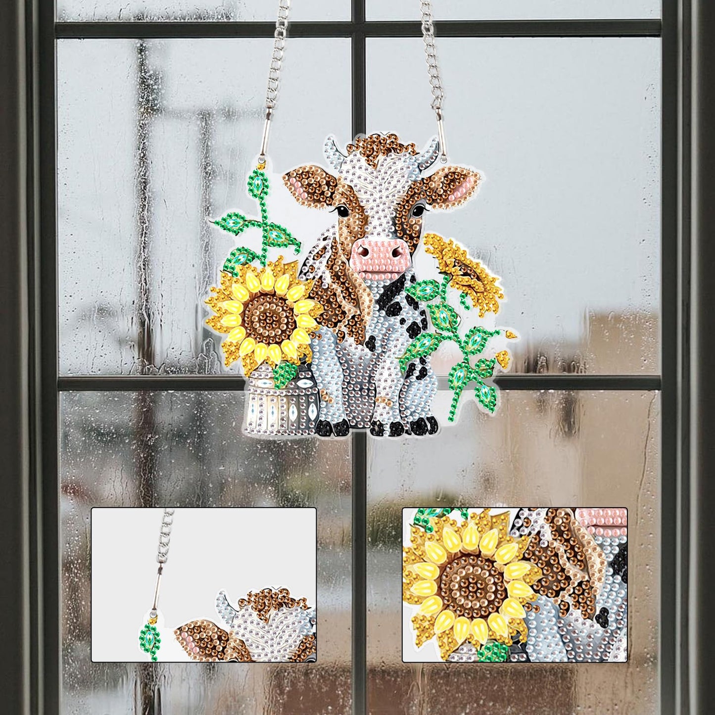 Sunflower and Cow Diamond Art Hanging, DIY 5D Diamond Painting Ornament with Rhinestones, Handmade Craft Gift for Wall, Door, Window, Home or Garden Decor