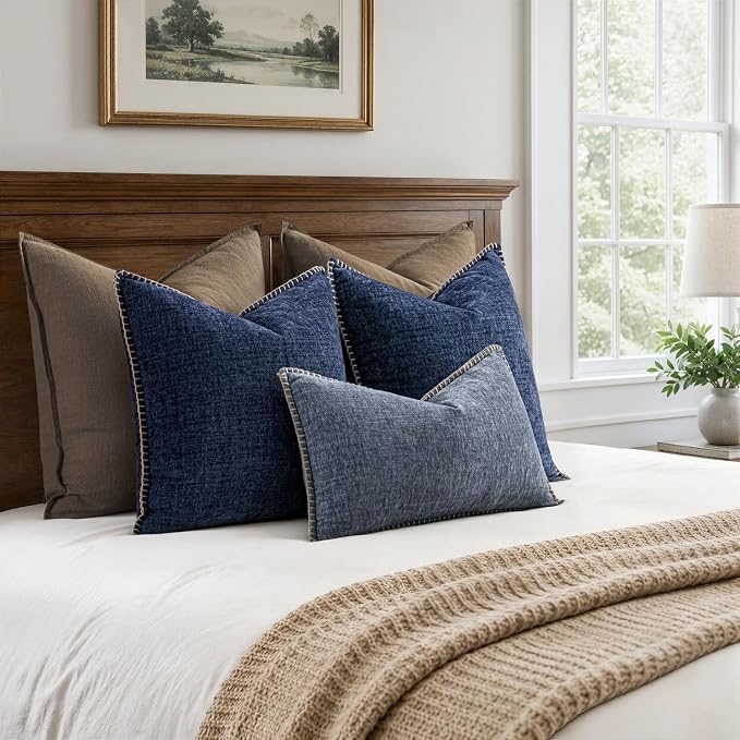 MIULEE Pack of 2 Couch Throw Pillow Covers 20x20 Inch Navy Farmhouse Decorative Pillow Covers with Stitched Edge Soft Chenille Solid Dyed Pillow Covers for Sofa Bed Living Room