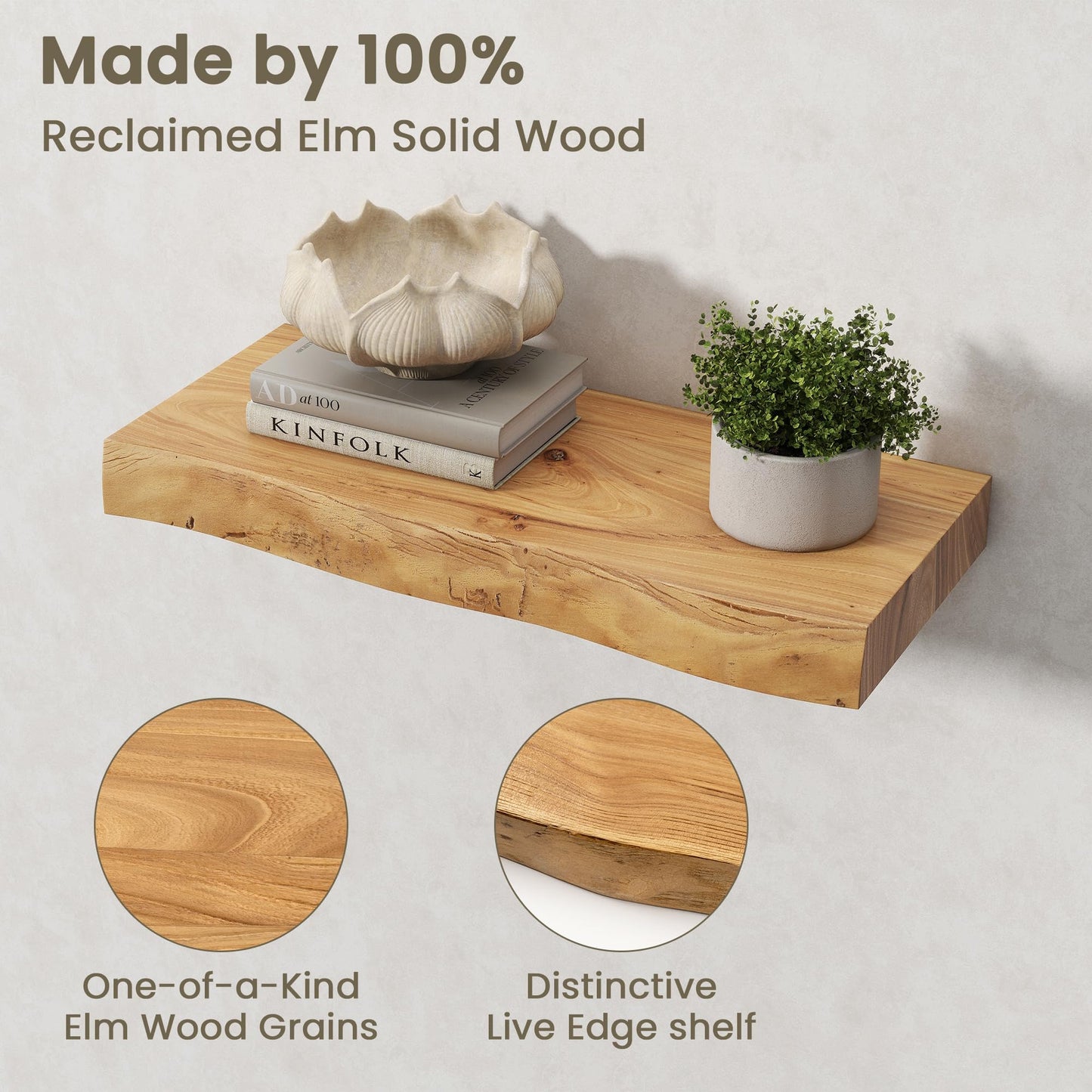 Floating Shelves for Wall, Solid Elm Wood 20 x 8 Inch Live Edge Floating Shelves Set of 2, Natural Edge Wall Shelves with Invisible Brackets, Rustic Wood Decor for Living Room Bedroom Kitchen, Natural