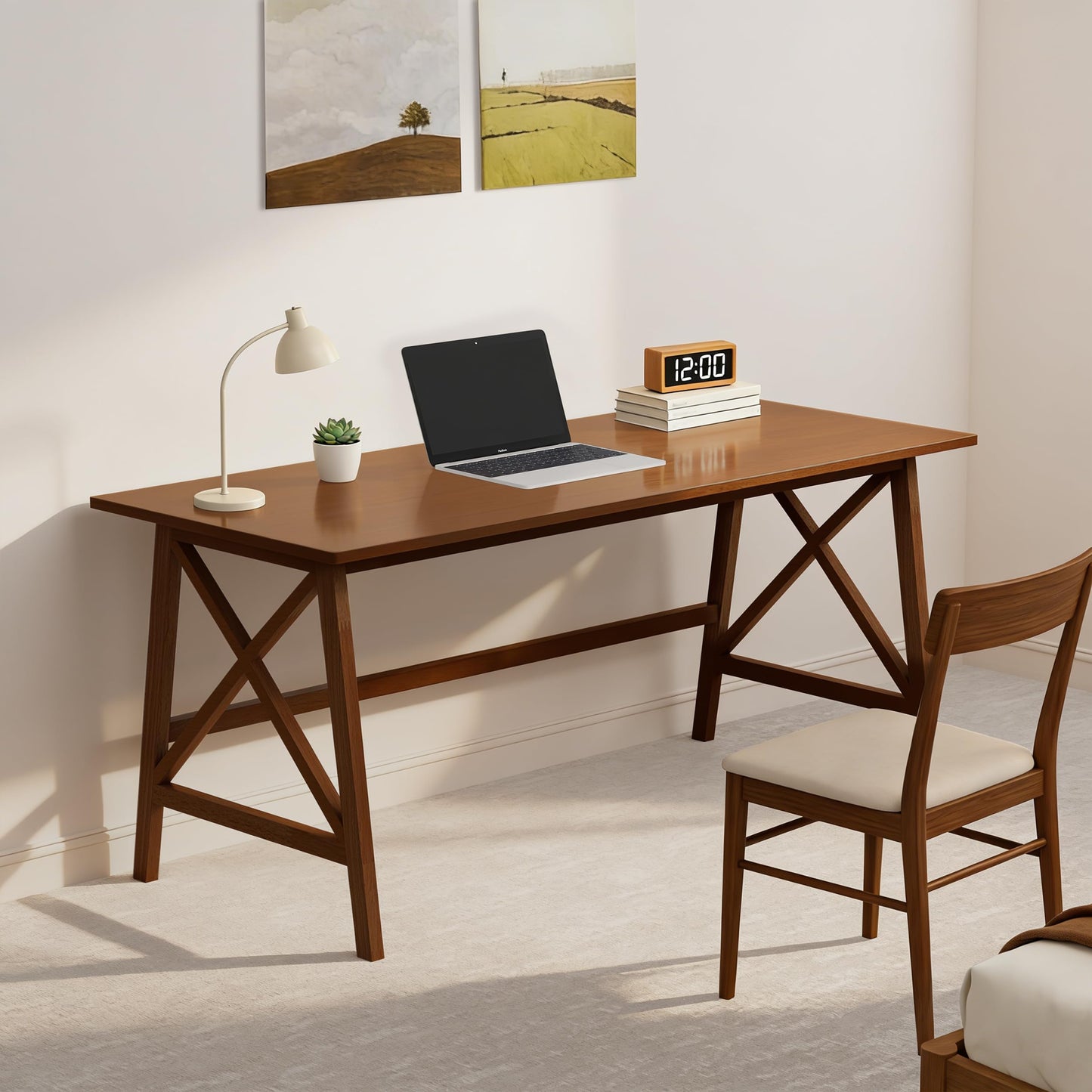 NELYE Modern Solid Wood Desk - 60" Simple Computer Table for Home Office Study Writing Workstation in Walnut, 60" W x 24" D