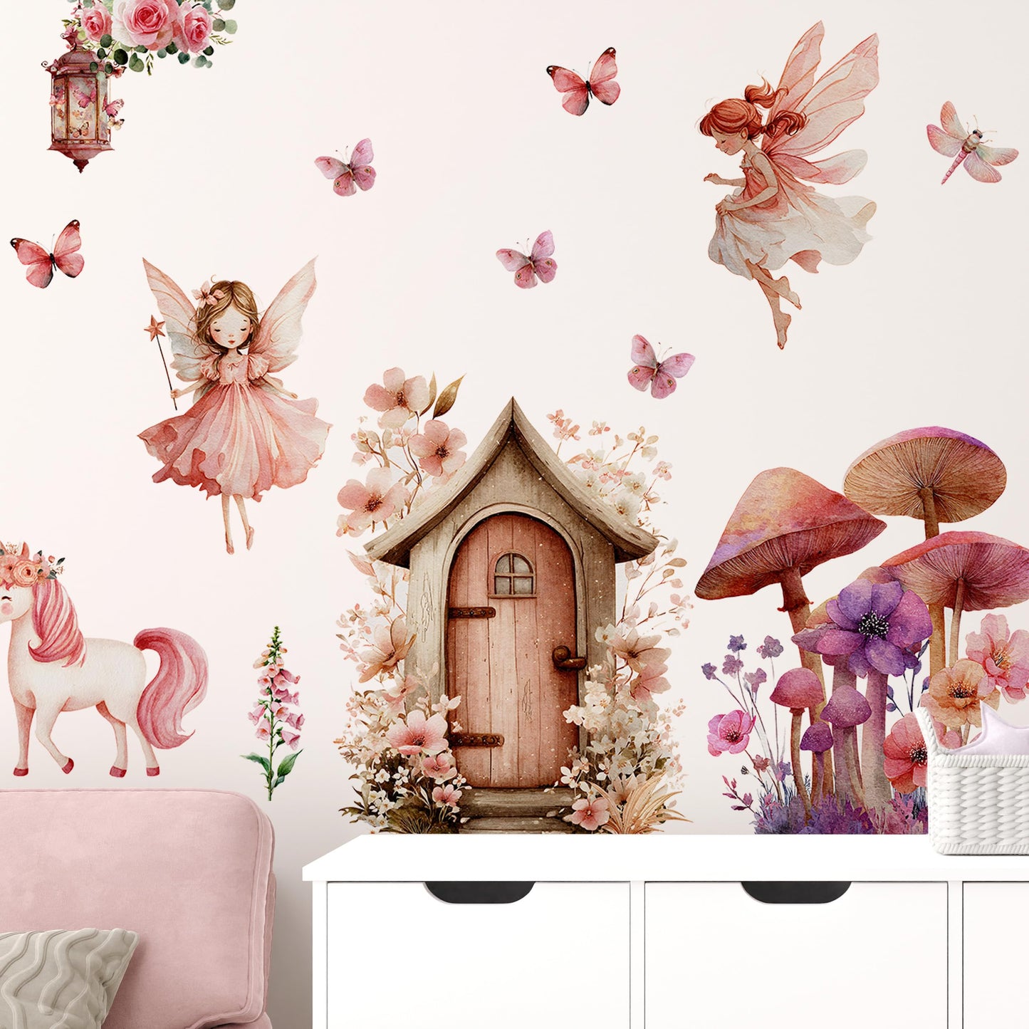 Flower Fairy Wall Decals, Mushroom Butterfly Elf Art Wall Sticker, Peel and Stick Butterfly ＆ Flowers Airy Decor for Kids Girls Room Baby Nursery Bedroom (Mushroom Fairy Wall Decals 251)