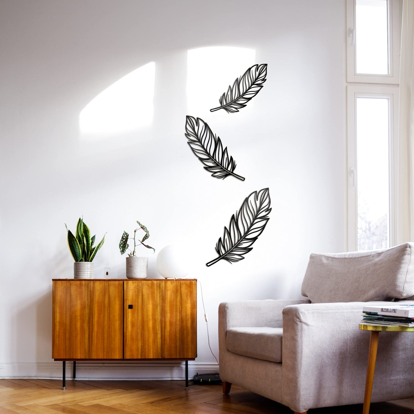 Vivegate 3 PCS Metal Feather Sign Metal Wall Decor - 17"X17" 3 PCS Black Modern Beautiful Boho Feathers Farmhouse Metal Wall Signs for Hanging Any Room Wall Art Decor