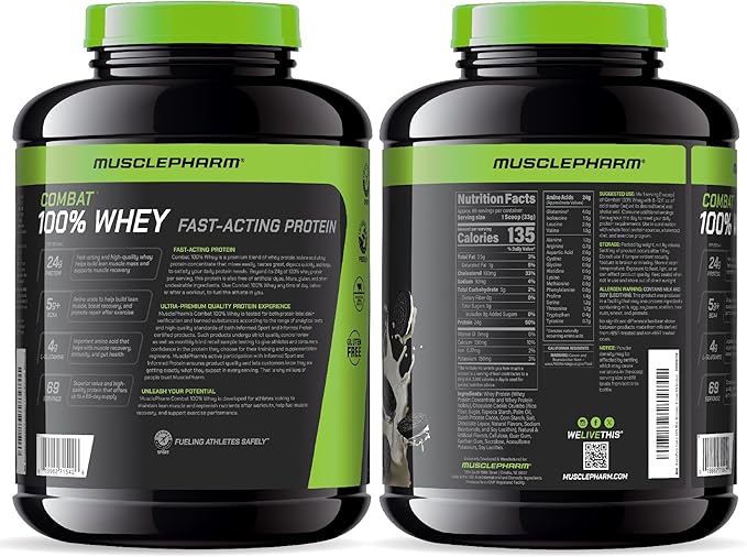 MusclePharm Combat 100% Whey Protein Powder, Cookies ?˜N??Cream Flavor, Fast Recovery & Muscle Gain with Whey Protein Isolate, High Protein Powder for Women & Men, Gluten Free, 5 lb, 69 Servings
