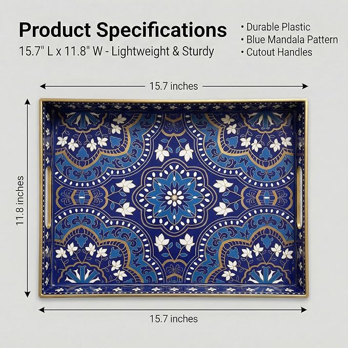 Decorative Serving Tray with Handles - 15.7" x 11.8" Blue Mandala Pattern Rectangular Plastic Platter - Boho Coffee Table Tray for Ottoman, Breakfast in Bed & Living Room Decor