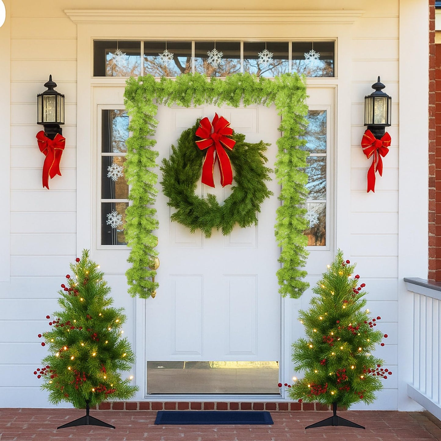 Solsew 12 ft Bright Green Whimsical Christmas Garland Holiday Garlands Indoor Outdoor Christmas Greenery Garland Decoration for Stairs Fireplace Railing Mantel Front Door Porch(Not Include Ball, Bow)