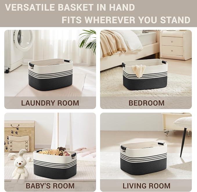 45L Small Laundry Basket with Leather Handles for Living Room Storage, Woven Rope Baskets Bin for Blanket, Kids Toy, Gifts, Wicker Hamper for Bedroom Dirty Clothes, 18"x14"x11" White Black