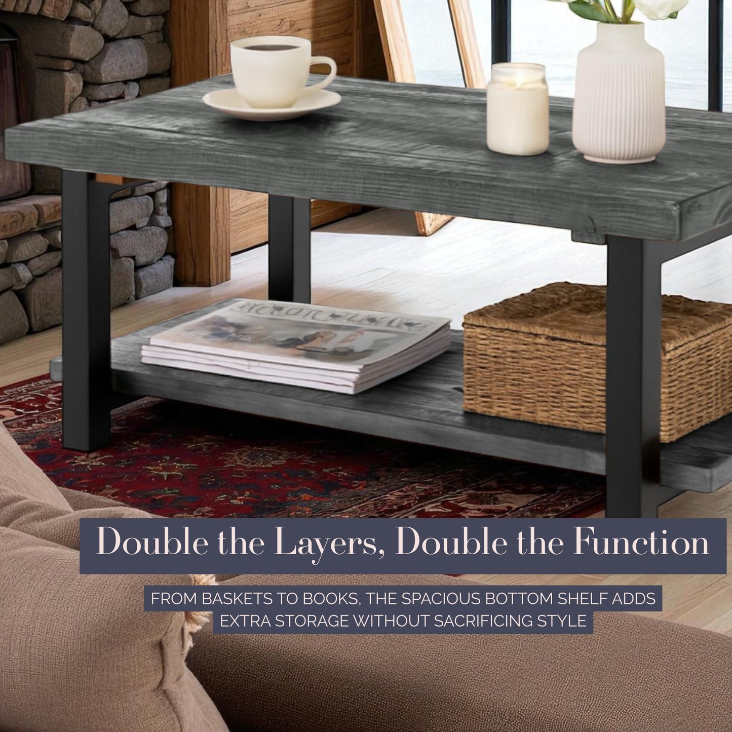 Pomona 42-Inch Rectangular Solid Wood Coffee Table with Storage Shelf & Metal Legs – Modern Rustic Industrial Living Room Table by Alaterre Furniture (Slate Grey)