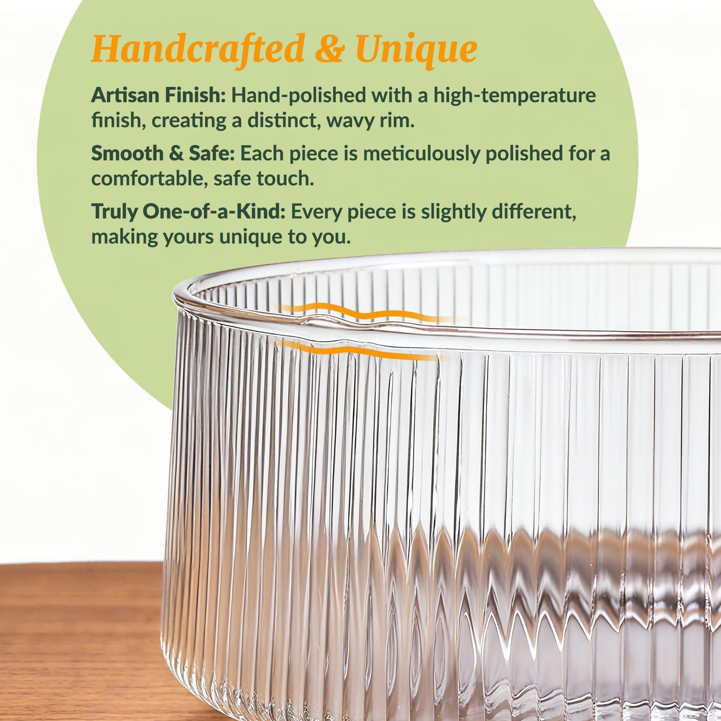 NiHome Extra Large Glass Salad Bowl with Natural Acacia Wood Base & Wooden Serving Utensils for Family Dinners, Parties, Gatherings, Multipurpose Oversized Glass Bowl for Salads(Separate-Piece Design)