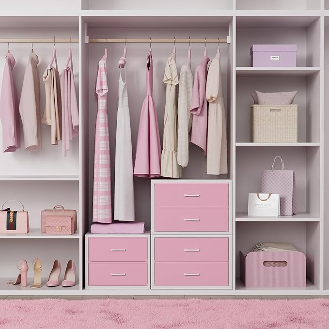 BOLUO Stackable Storage Drawers Closet Organizers and Storage Fabric White 2 Drawer Dresser for Bedroom Modern Pink