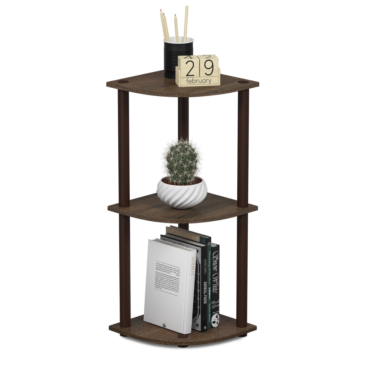 Furinno TURN-N-TUBE Corner Shelf, 3-Tier Corner Bookshelf, Display Storage Shelves with Open Shelves, for Organization and Storage, Living Room, Home Office, Garage, Walnut