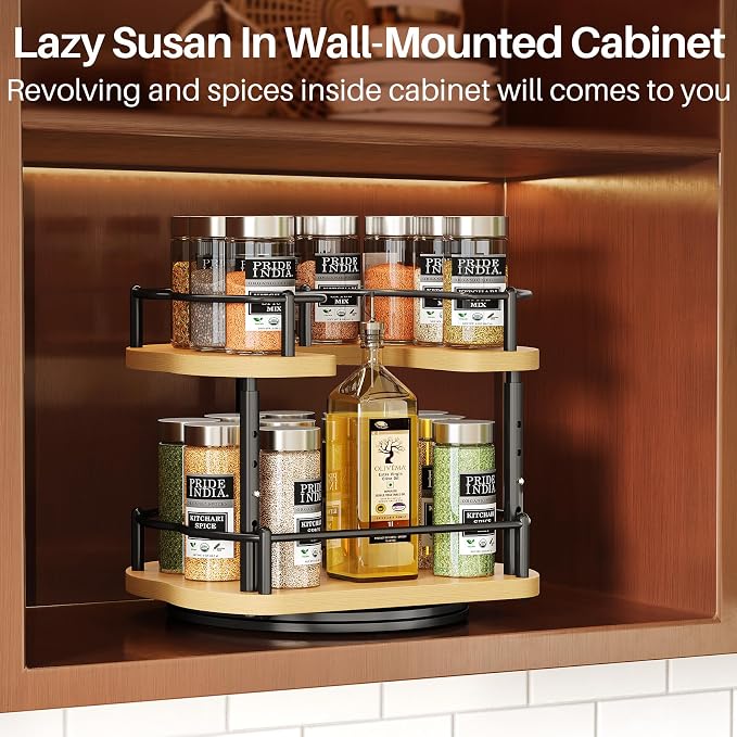 Lazy Susan Organizer Spice Rack - Spice Organization for Cabinet Height Adjustable Rotating Lazy Turntable, Pantry Kitchen Wood Revolving Seasoning Organizer (Natural, 9 Inch)