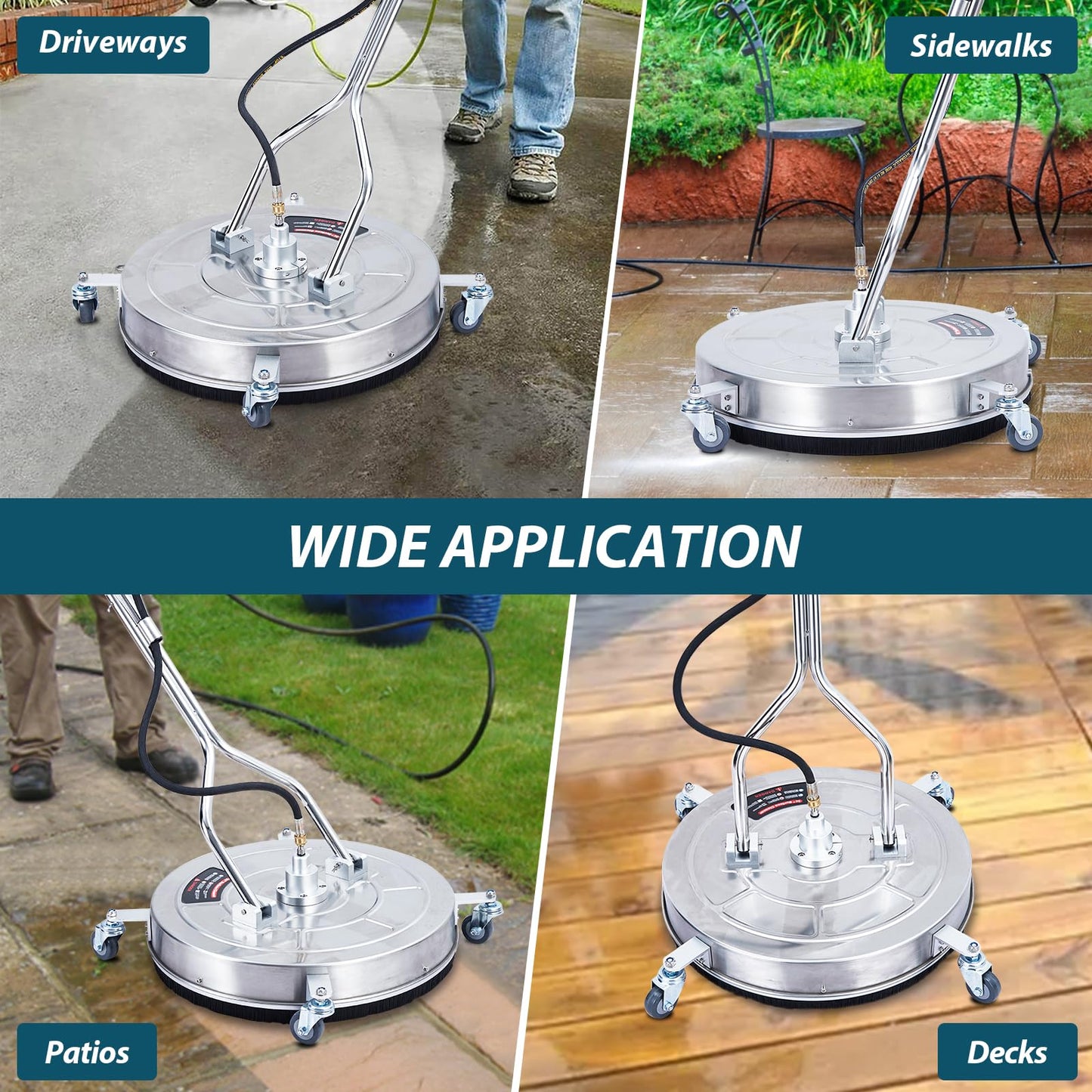 Kiarixo 24" Pressure Washer Surface Cleaner with Dual Handle 4 Wheels, 3/8" Connector, 2 Replacement Nozzles, Stainless Steel Power Washer Housing Accessory for Driveways Decks Sidewalk Patio Cleaning