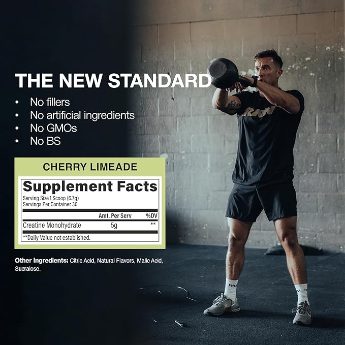 RAW Nutrition Creatine Monohydrate Powder, Cherry Limeade (30 Servings) - Micronized Creatine Monohydrate Supplement for Workout Performance, Build Muscle & Strength - Creatine Powder for Men & Women