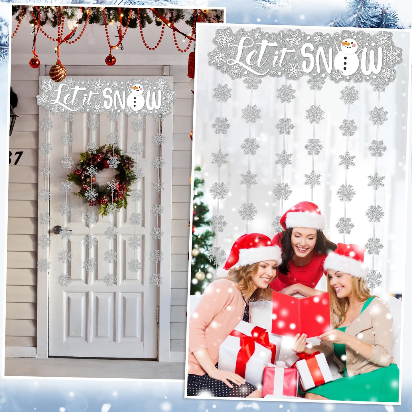 Blosssound Let It Snow Winter Door Decorations Snowflake Wonderland Doorway Curtain Let It Snow Sign with Snowflake Hanging Door Streamers Holiday Garland Banner for Winter Party Supplies(Sliver)