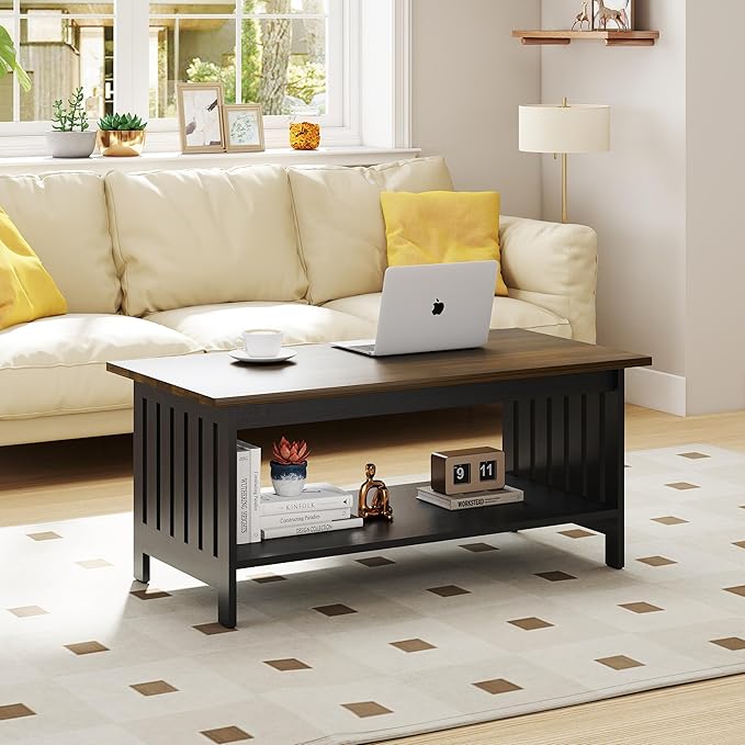YOSHOOT 39.4" Farmhouse Coffee Table, Small Coffee Tables for Living Room | Black, 2 Tier Coffee Table with Storage, Tea Table for Living Room Bedroom Small Space