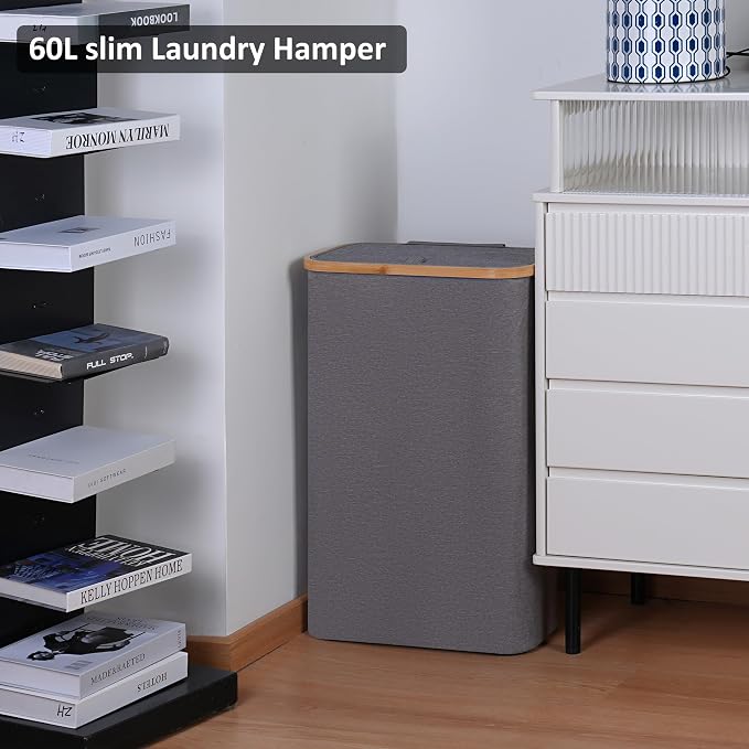 Slim Laundry Basket,60L Laundry Hamper with Lid, Tall Hamper for Laundry,Dirty Cloth Hamper with Bamboo Handle for Towels, Clothes Organizing,Grey