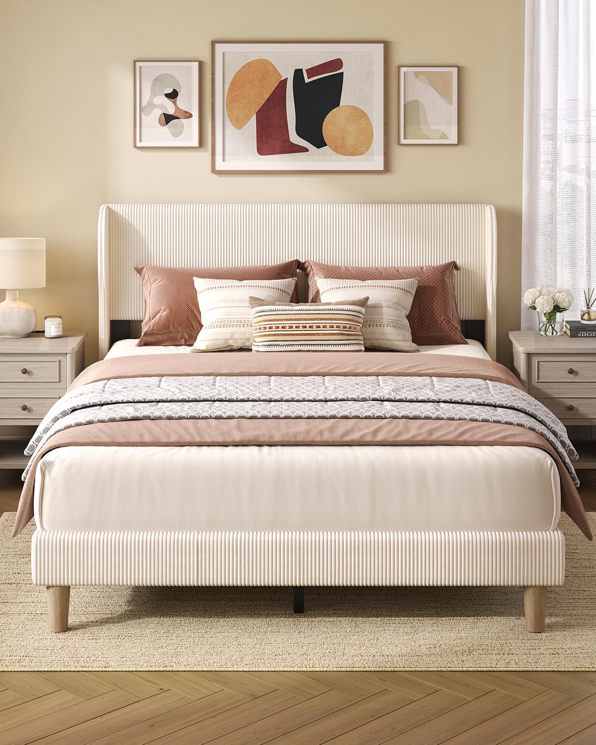 Bestier Queen Size Bed Frame with Wingback Headboard,Platform Queen Upholstered Bed with Strong Wooden Slats,No Box Spring Needed,Never Squeaks,Easy Assembly,Beige