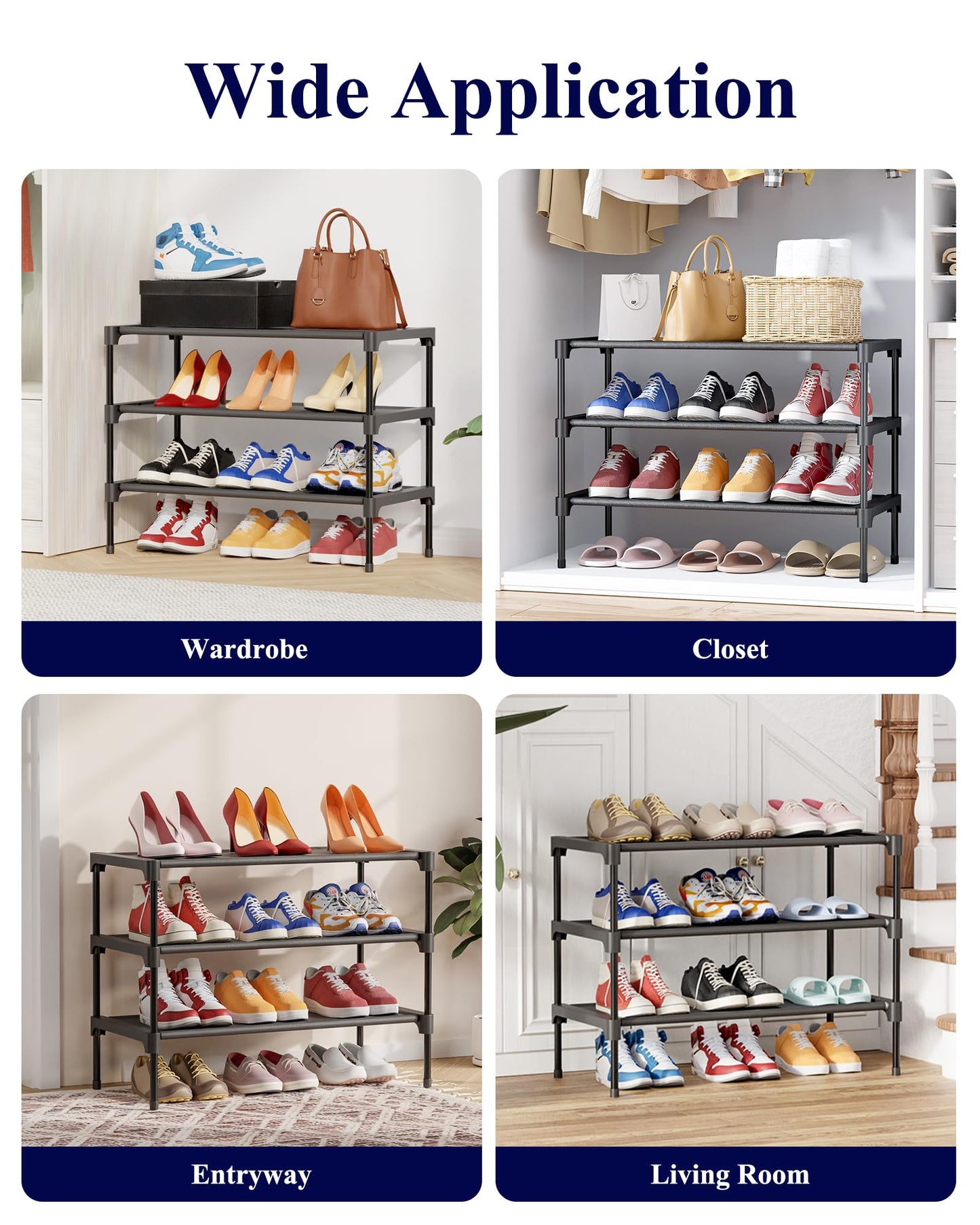 Kitsure Shoe Rack - Non-Woven Shoe Rack Shelf, Shoe Organizer for Closet, Entryway, Garage & Corridor, Stackable Shoe Shelves, 27.5" Wide - 3 Tier, Black