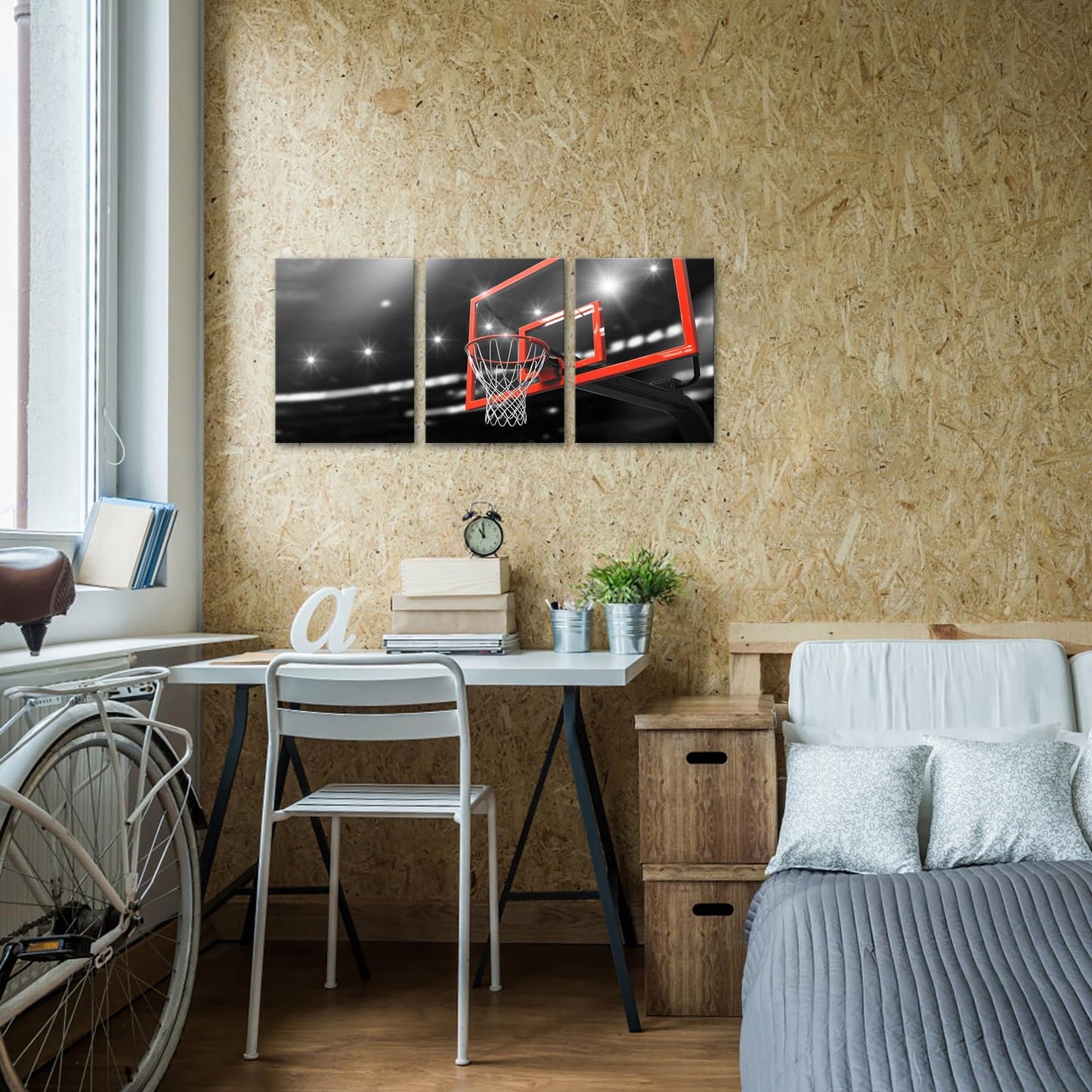 KLVOS 3 Pieces Basketball Wall Art Prints Black and White Red Basketball Hoop Poster Photograph Painting Sport Picture Canvas Art Boys Gift Modern Home Bedroom Gym Room Framed Decoration