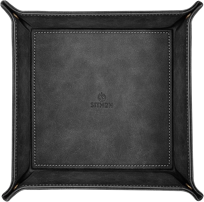 SITHON Valet Tray Desktop Storage Organizer – Premium PU Leather Catchall Bedside Vanity Tray Nightstand Caddy Holder for Keys, Phone, Wallet, Coin, Jewelry, Valentine's Day Gift, Black