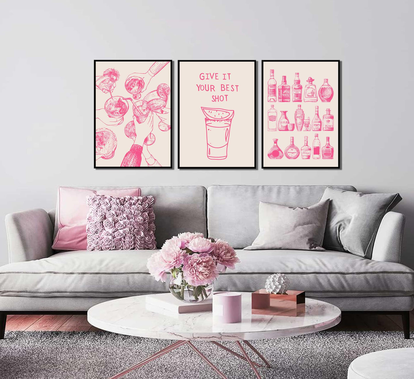3Pcs Pink Bar Cart Wall Art Coquette Trendy Alcohol Bottles Poster Pictures Retro Cocktail Cheer Canvas Painting Girly Preppy Alcoholic Beverage Wall Decor Funky Cocktail Wiskey Prints Unframed