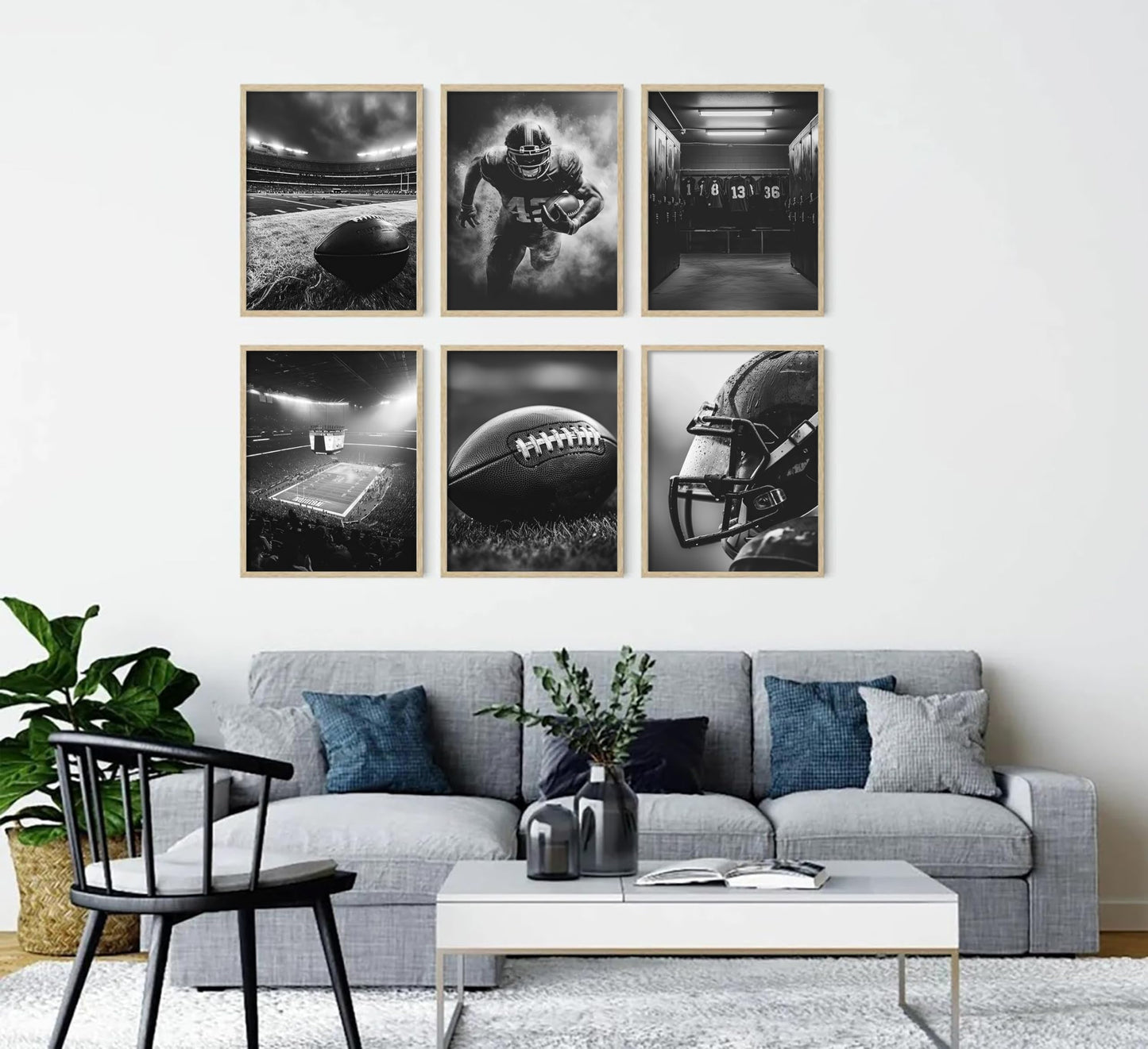 6Pcs Football Canvas Wall Art Rugby Field Stadium Sports Theme Picture Wall Decor Black White American Football Gaming Posters Painting Prints Artwork for Kids Boys Room Locker Room Dorm Living Room
