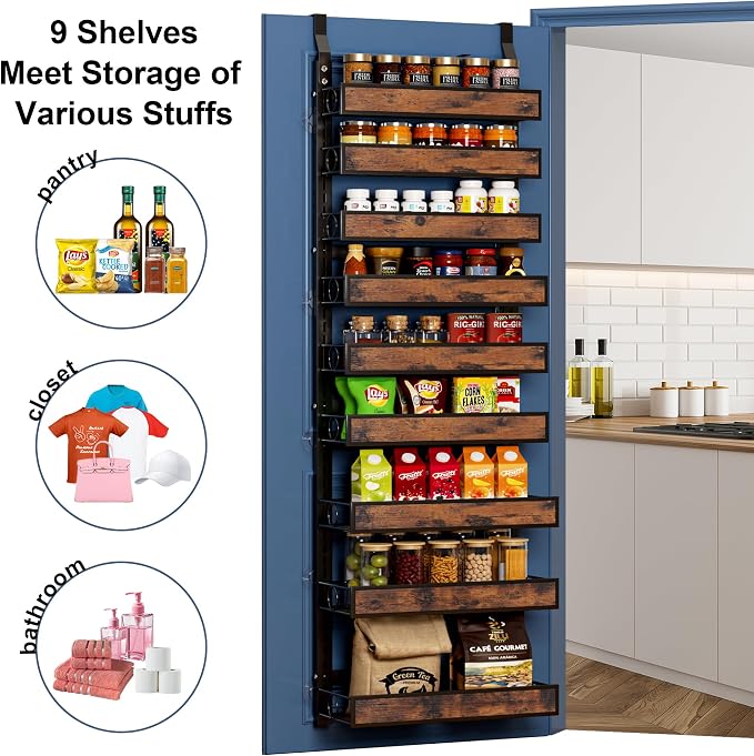 9 Tier Over The Door Pantry Orangizer 2 IN 1 Wall Mounted or Hanging Spice Rack with Adjustable Wood Basket,Heavy Duty Seasoning Storage Shelf for Kitchen Pantry and Bathroom Black
