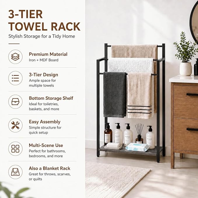 Freestanding Towel Rack, 3 Tier Blanket Ladder Stand with Oak Grey Wooden Shelf for Bathroom Living Room (31.5" H x 16.9" W x7.9 D)