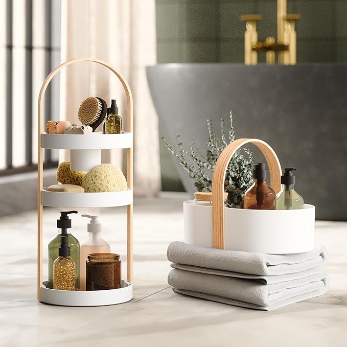 Umbra Bellwood Caddy, Organizer for Makeup and Cosmetics, Durable Rotating Container with Wooden Handle, Large, White/Natural
