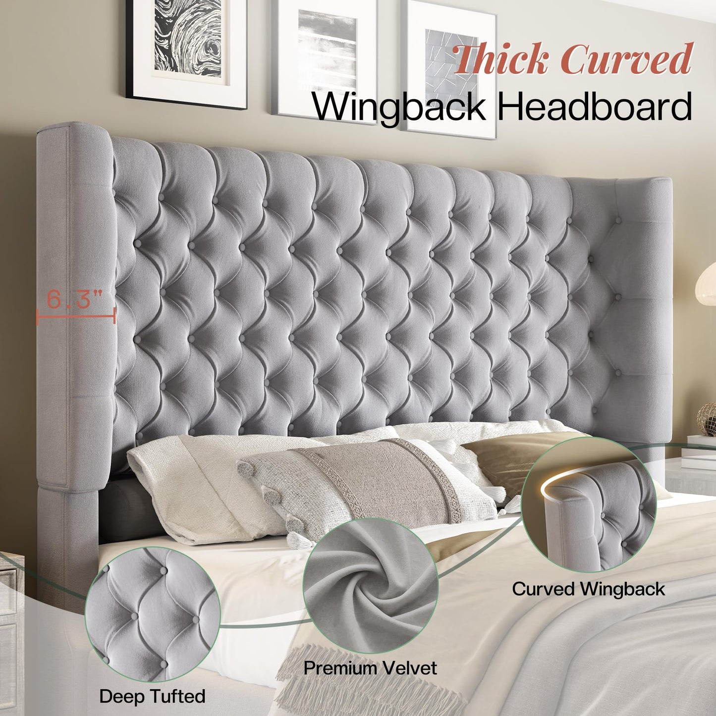 Jocisland Queen Size Platform Bed Frame, 6.3" Thick Upholstered Curved Wingback Headboard and Footboard with Deep Button Tufted, Easy Assembly, No Box Spring Needed, Light Grey Velvet