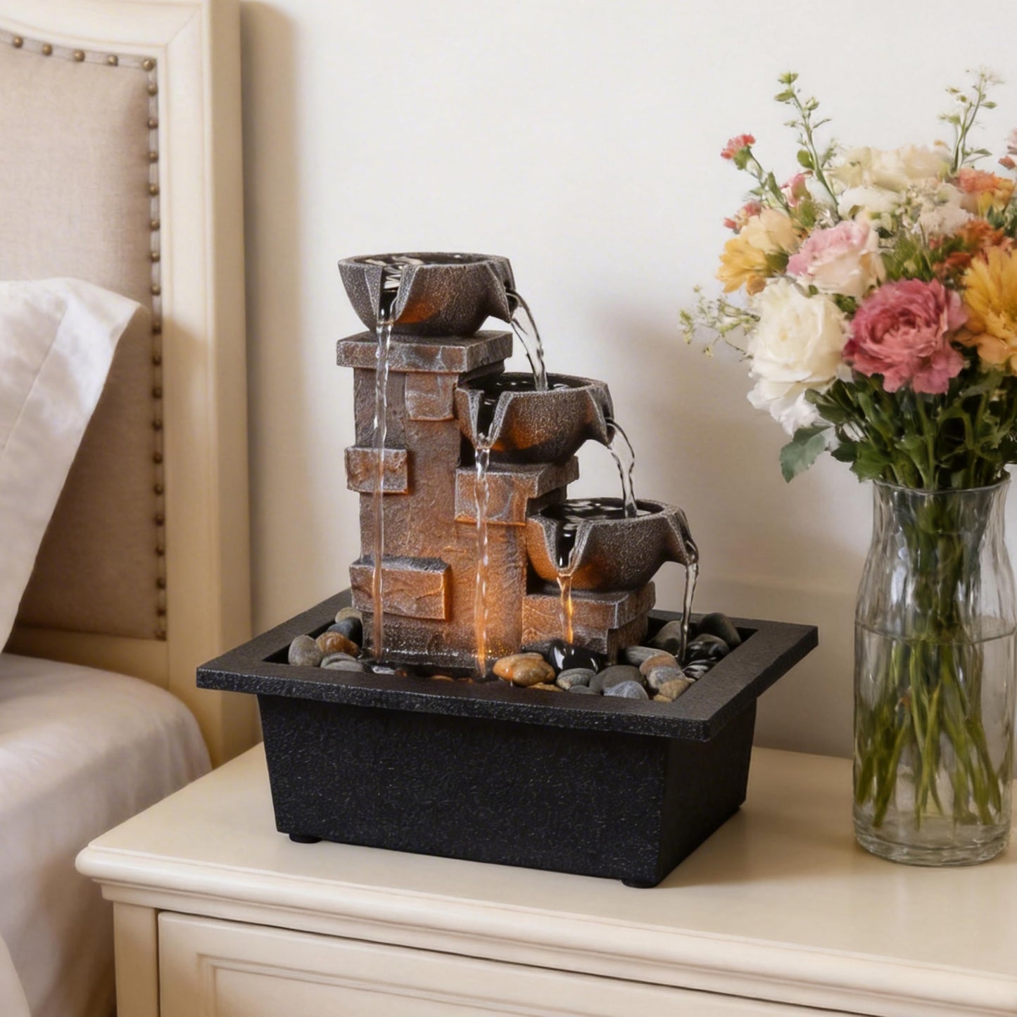 GOSSI Home Décor Imitation 3-Tier Stone Wall Tabletop Fountain Many Natural River Rock Office Relaxing Desktop Zen Waterfall Meditation Tabletop Fountain LED Lights Fountain Christmas Decorations