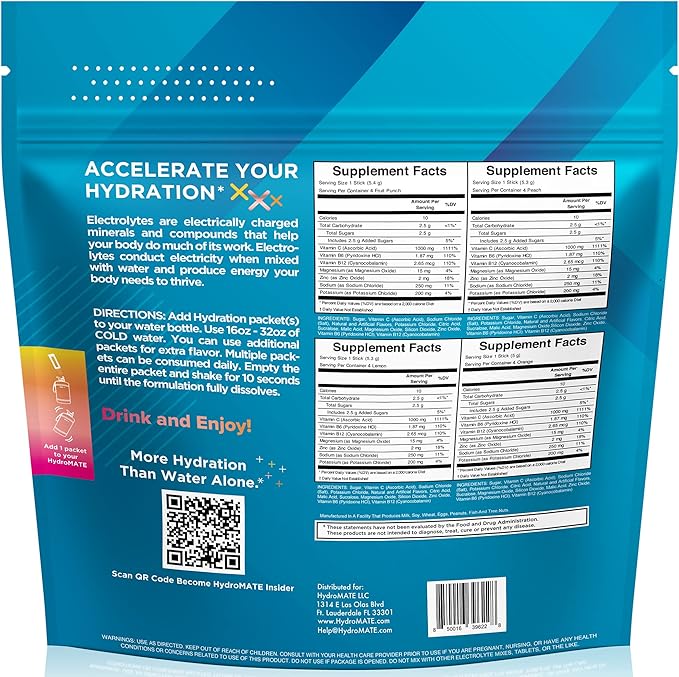 HydroMATE Electrolyte Powder Variety Pack Hydration Packets Low Sugar 16 Count