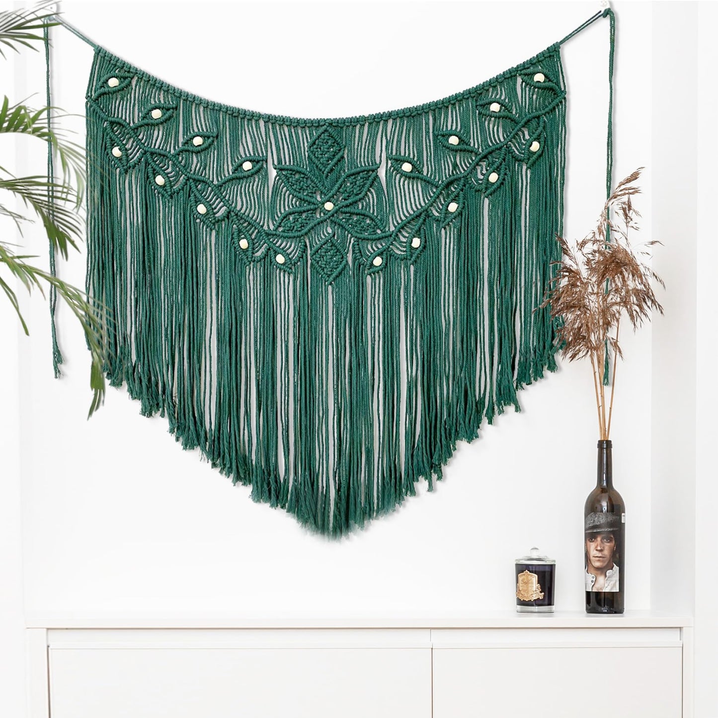 Youngeast Home Decor Leaf Shape Macrame Wall Hanging Woven Tapestry Bedroom Curtain Fringe Garland Banner Living Room Wall Decor Dark Green 39X31 inches