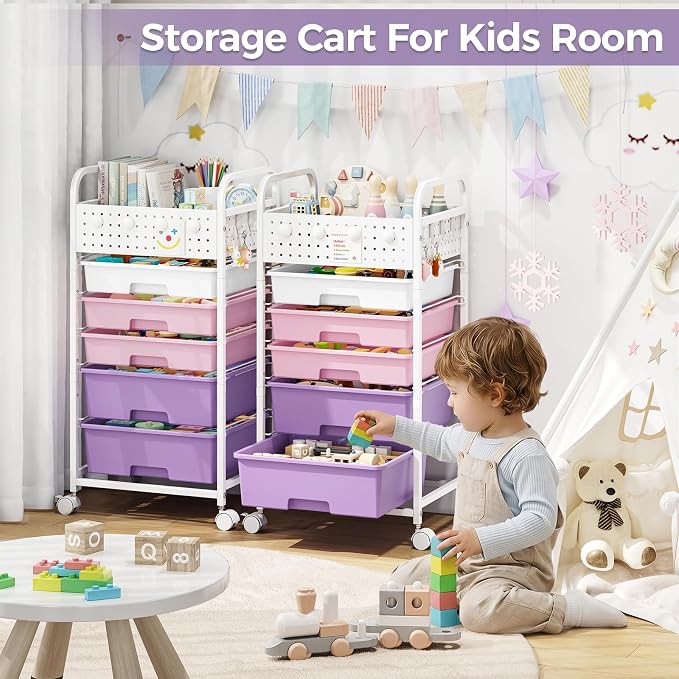 5 Drawer Rolling Storage Cart with Pegboard Top and Hooks, Mobile Organizer Cart with Wheels for Office Supplies, Craft Storage, Classroom Organization, Home Utility Cart, Dreamy Color