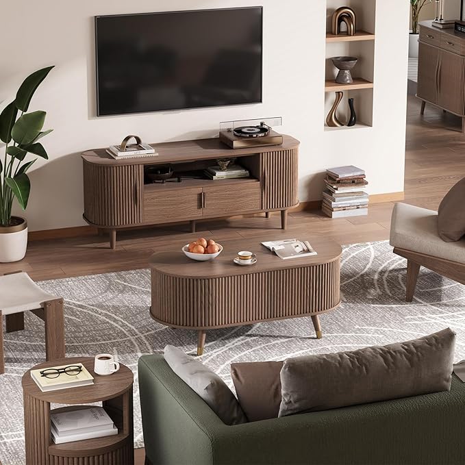 JOINICE 42.5" Oval Lift Top Coffee Table with Storage, Mid Century Modern Walnut Center Table with Fluted Design, Solid Wood Legs & Hidden Compartment, Pop Up Coffee Table for Living Room