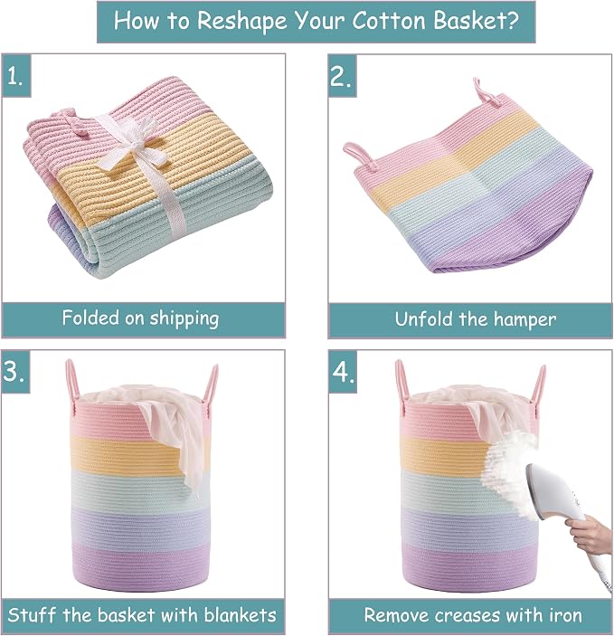 60L Laundry Hamper Basket for Baby Girls and Kids, Pastel Rainbow Unicorn Design, Woven Rope Nursery Basket for Blankets Toys in Playroom, 15Dx20H Inches Large Bedroom Hamper for Clothes
